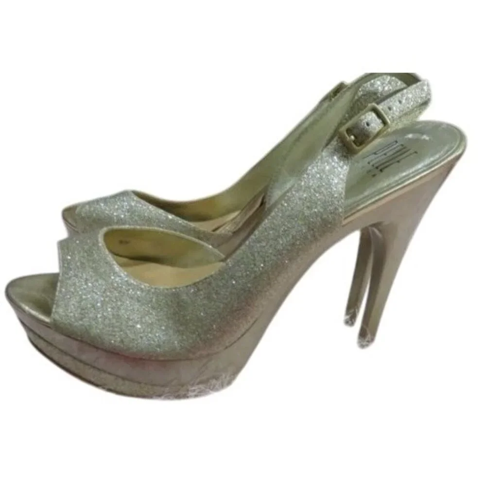 PELLE MODA Gleam Gold Glitter Slingback Pumps Heels size 8.5 Sexy Stilettos